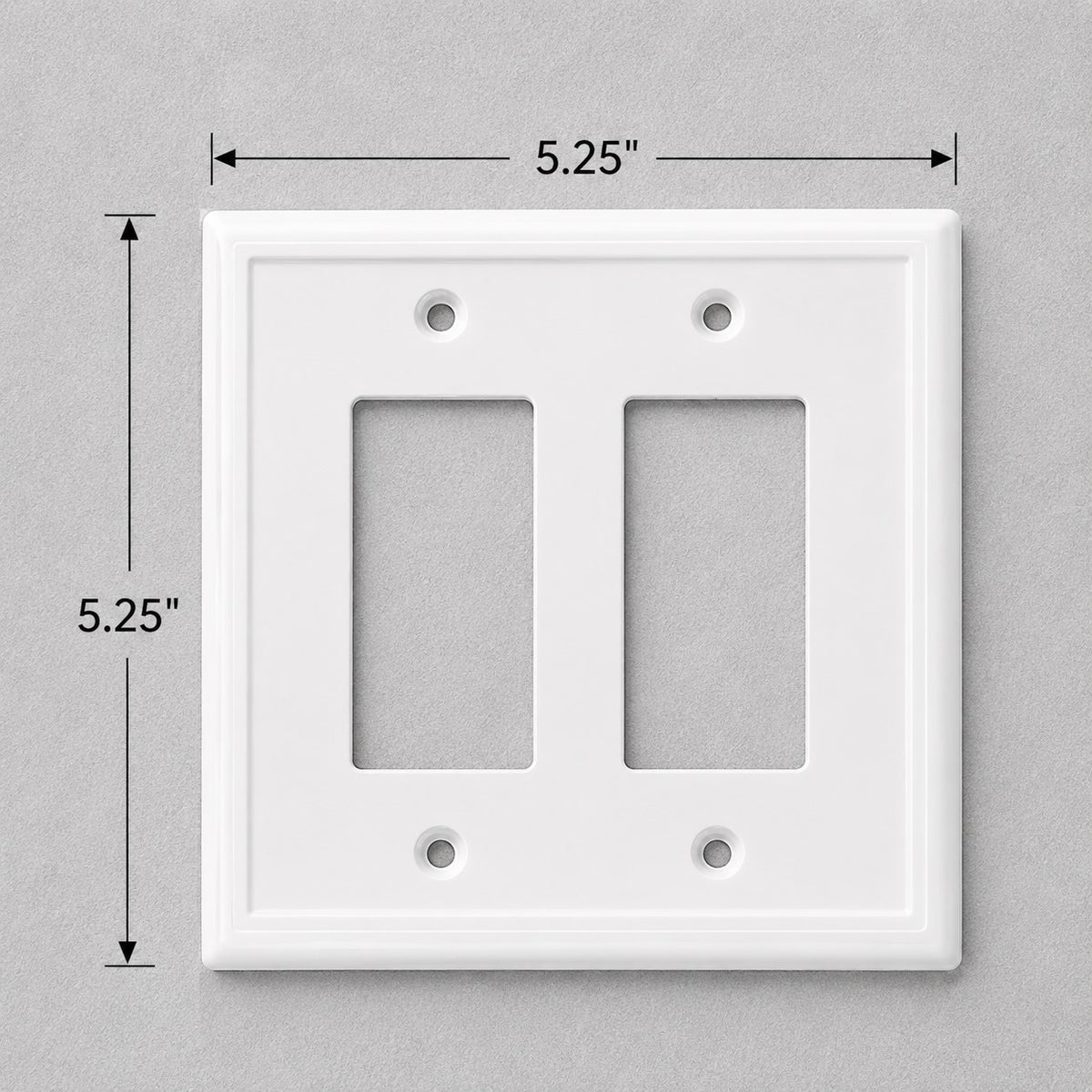 White double-gang light switch plate shown on a light gray background with dimension arrows and labels indicating 5.25 inches by 5.